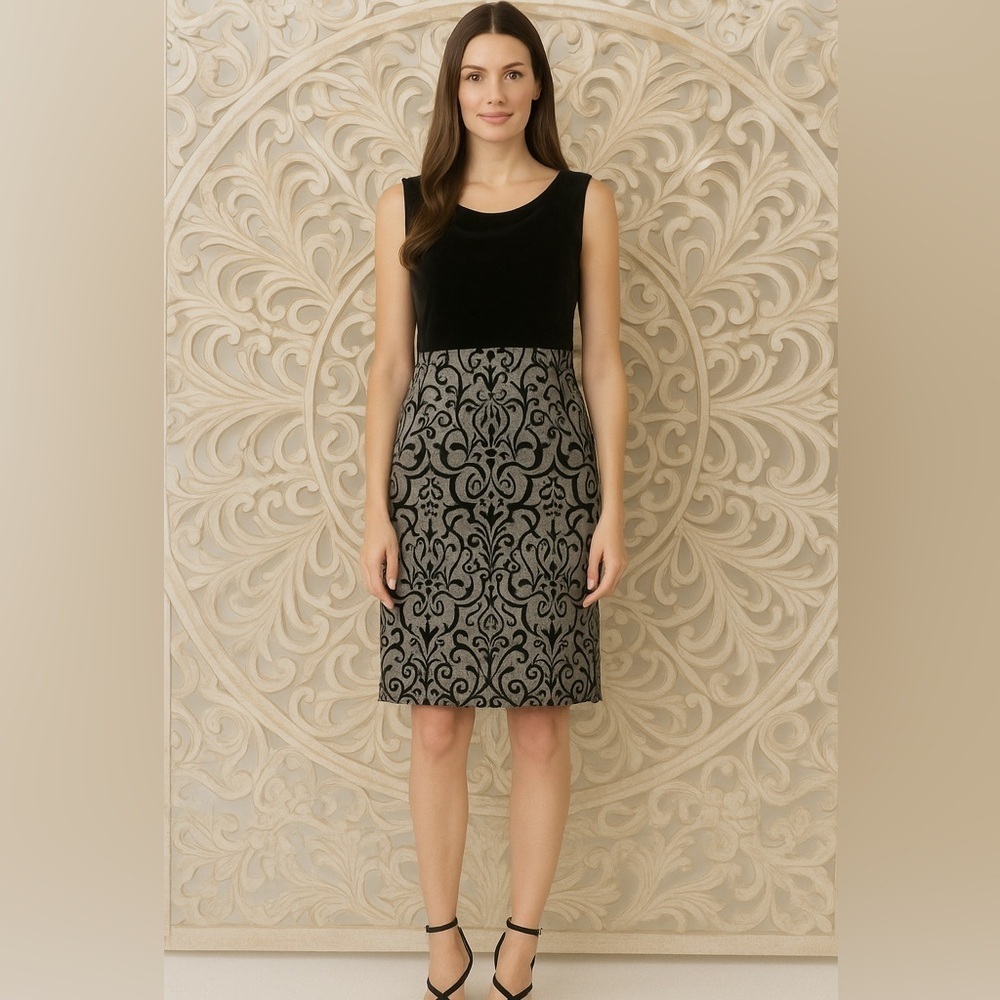 Lands’ End Dress Holiday Christmas Velvet Drapy Neckline Damask Skirt Size 12